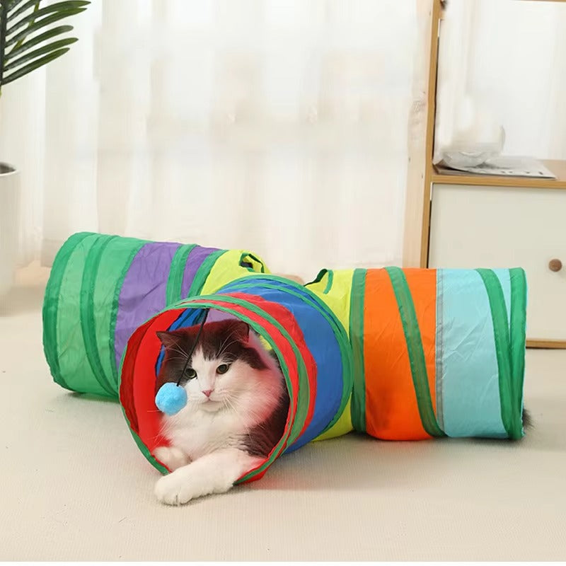 "Colorful Cat Tunnel with Hanging Fuzzy Ball".