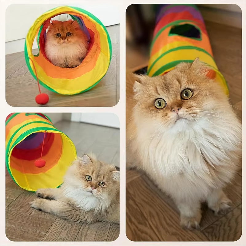 "Colorful Cat Tunnel with Hanging Fuzzy Ball".