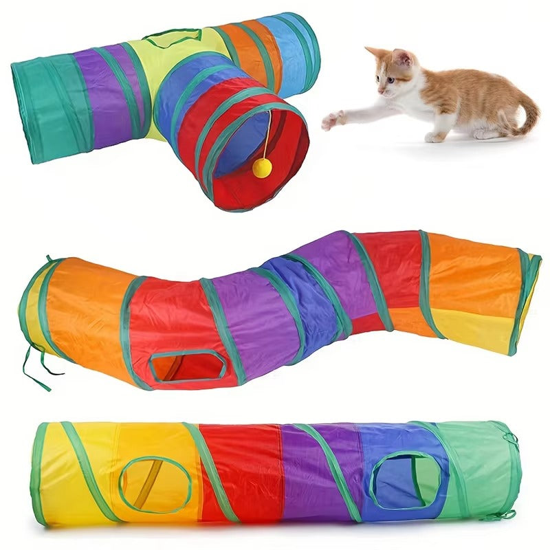 "Colorful Cat Tunnel with Hanging Fuzzy Ball".