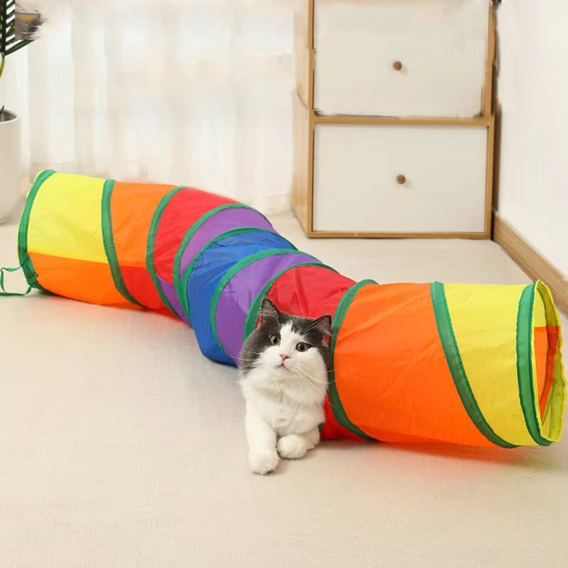 "Colorful Cat Tunnel with Hanging Fuzzy Ball".