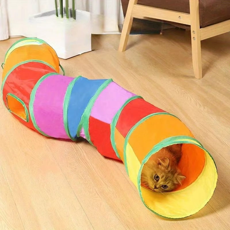 "Colorful Cat Tunnel with Hanging Fuzzy Ball".