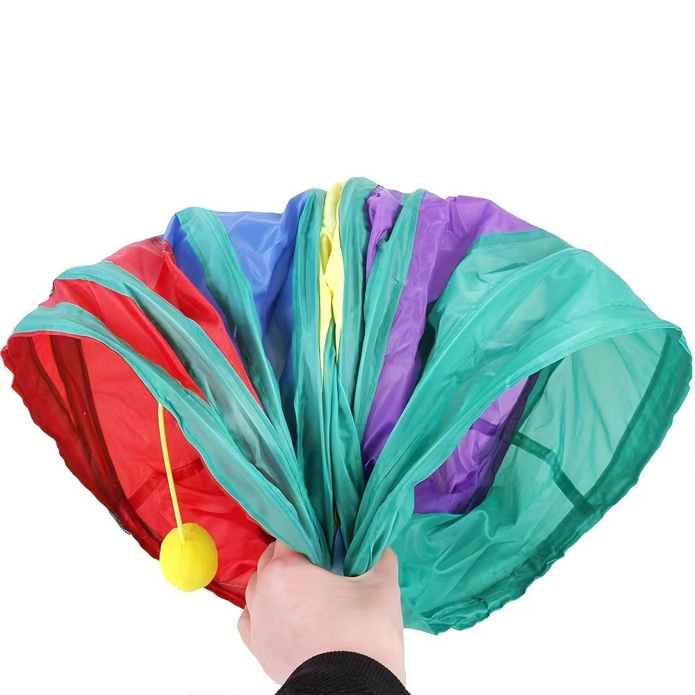 "Colorful Cat Tunnel with Hanging Fuzzy Ball".