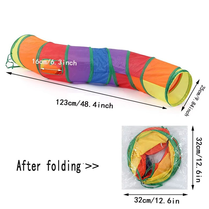 "Colorful Cat Tunnel with Hanging Fuzzy Ball".