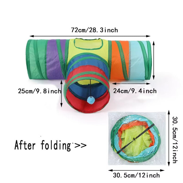 "Colorful Cat Tunnel with Hanging Fuzzy Ball".