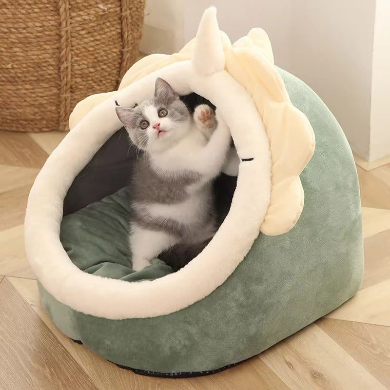 Cozy Cartoon Pet Bed for Cats & Small Dogs - Foldable, Washable, and Adorable